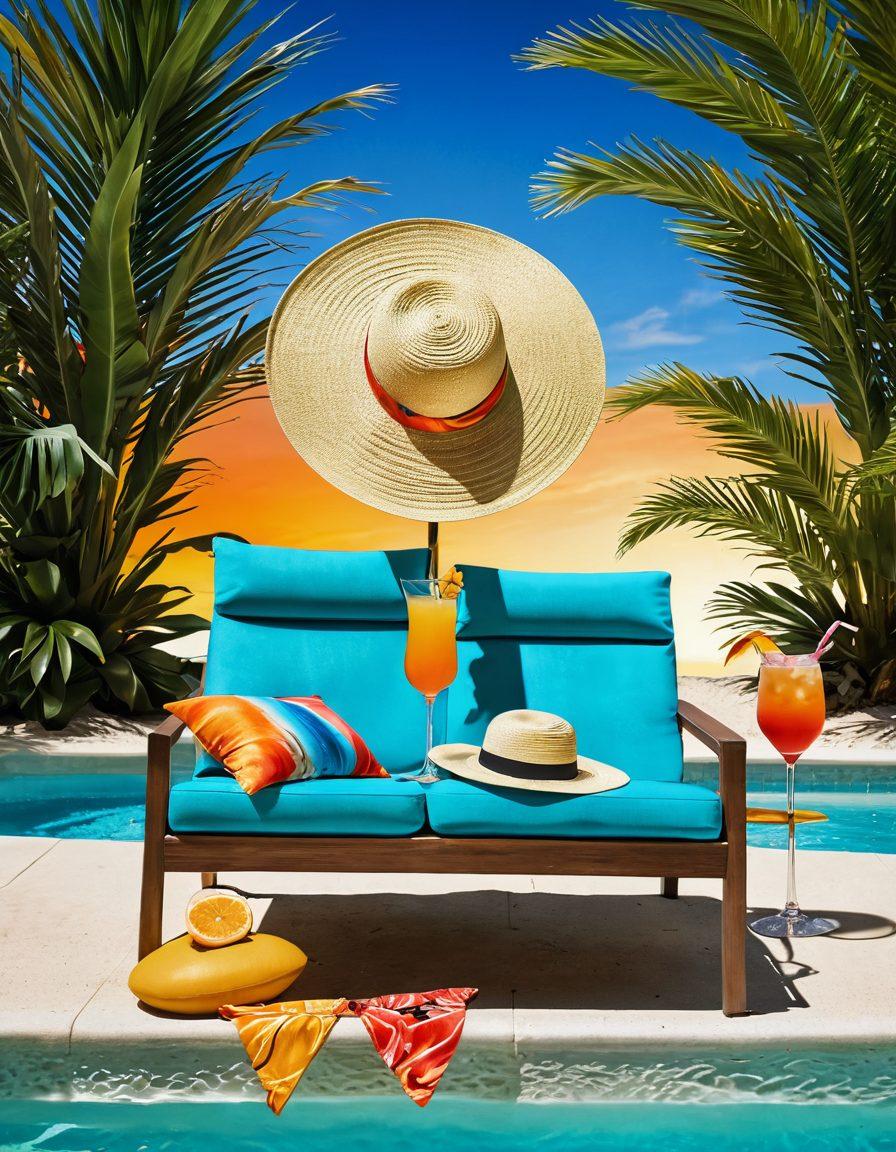 A stylish summer outfit displayed seamlessly transitioning from a sandy beach to a chic poolside setting, featuring light, flowing fabrics in vibrant tropical colors. Include playful beach accessories like a sun hat and sunglasses alongside elegant poolside elements like a lounge chair and refreshing cocktails. The background should capture the warm glow of a summer sunset, creating an inviting atmosphere. super-realistic. vibrant colors. tropical theme.