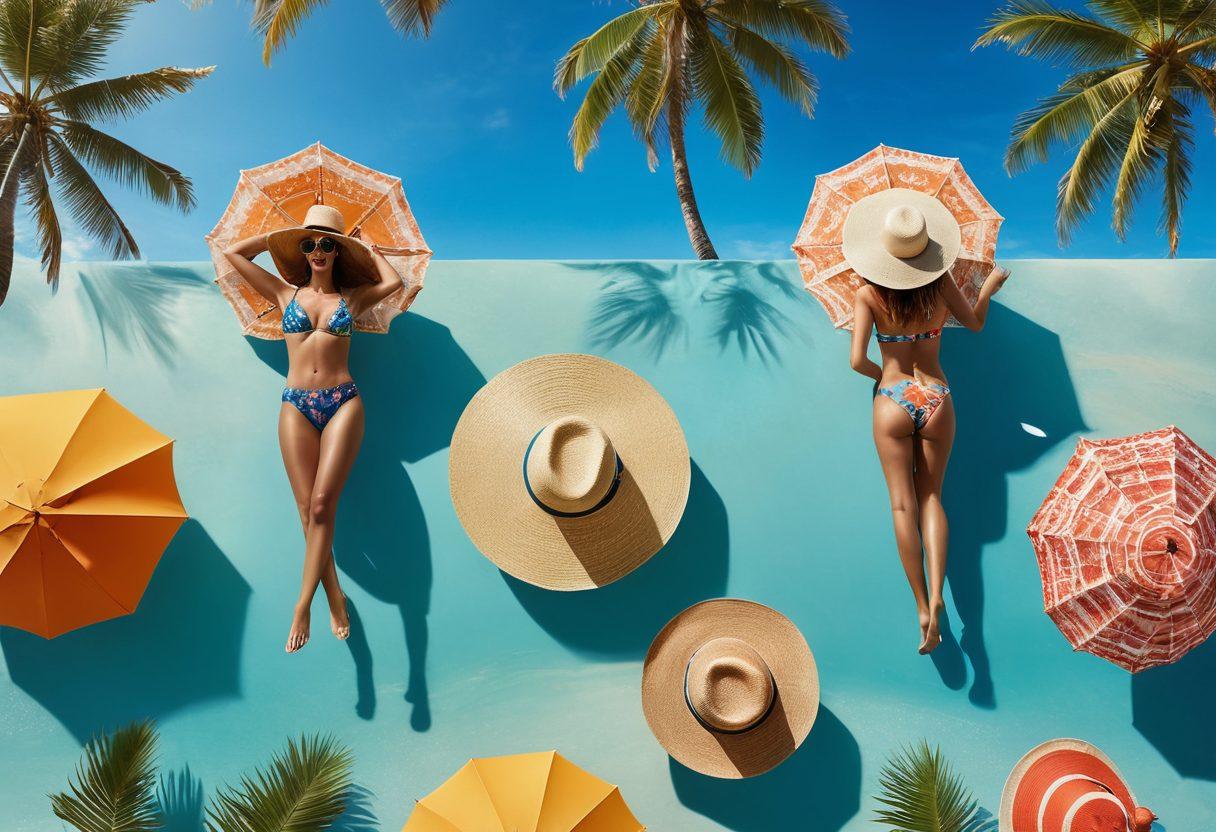 A sunlit beach scene featuring a diverse group of stylish individuals in vibrant summer swimwear, showcasing playful patterns and designs. Palm trees sway in the gentle breeze, while colorful beach umbrellas dot the sandy shore. Clear blue water glistens under the summer sun, inviting a sense of fun and elegance. Include accessories like wide-brimmed hats and oversized sunglasses to enhance the summer vibe. super-realistic. vibrant colors. cheerful atmosphere.